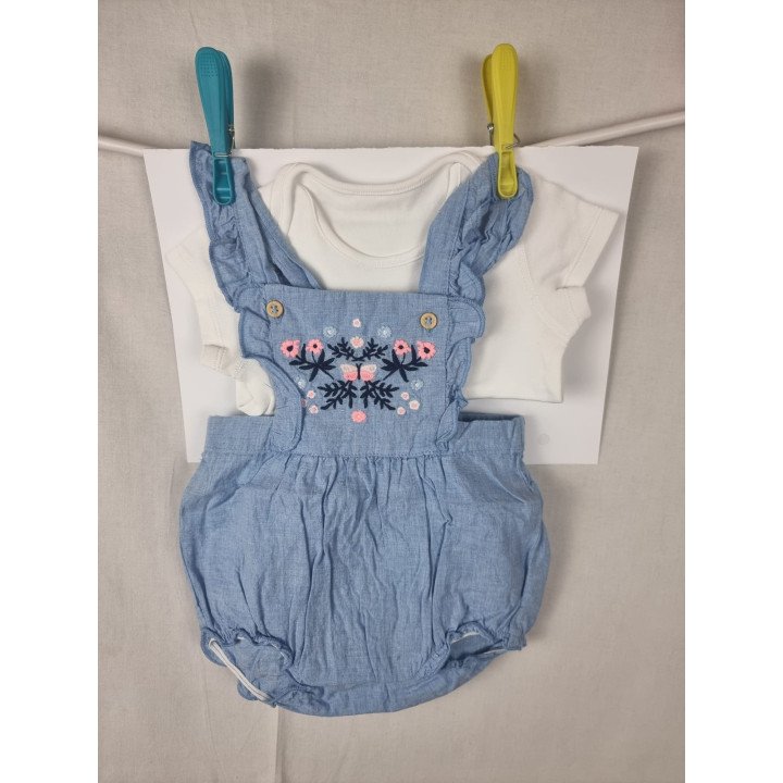 0–3 months baby girl 2-piece outfit – white bodysuit & embroidered blue romper