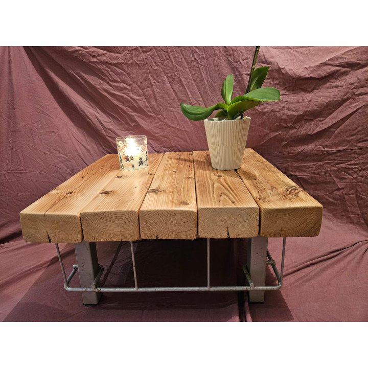 Handmade solid wood coffee table – rustic reclaimed timber & metal frame (62 × 58 × 30 cm)