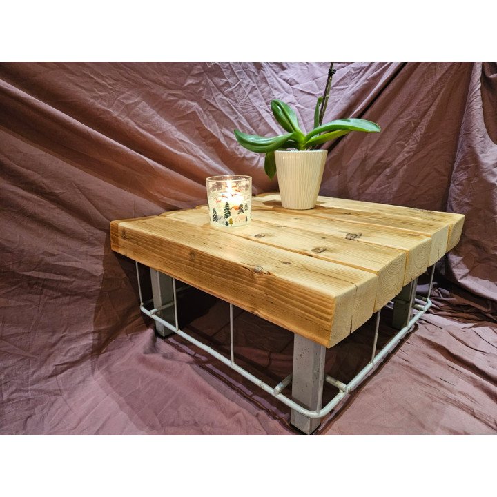 Handmade solid wood coffee table – rustic reclaimed timber & metal frame (62 × 58 × 30 cm)
