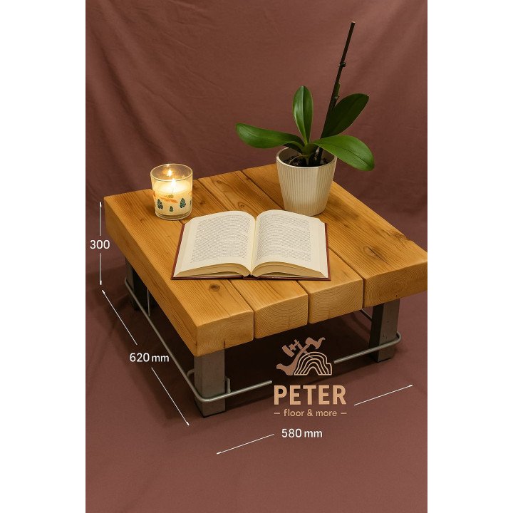 Handmade solid wood coffee table – rustic reclaimed timber & metal frame (62 × 58 × 30 cm)